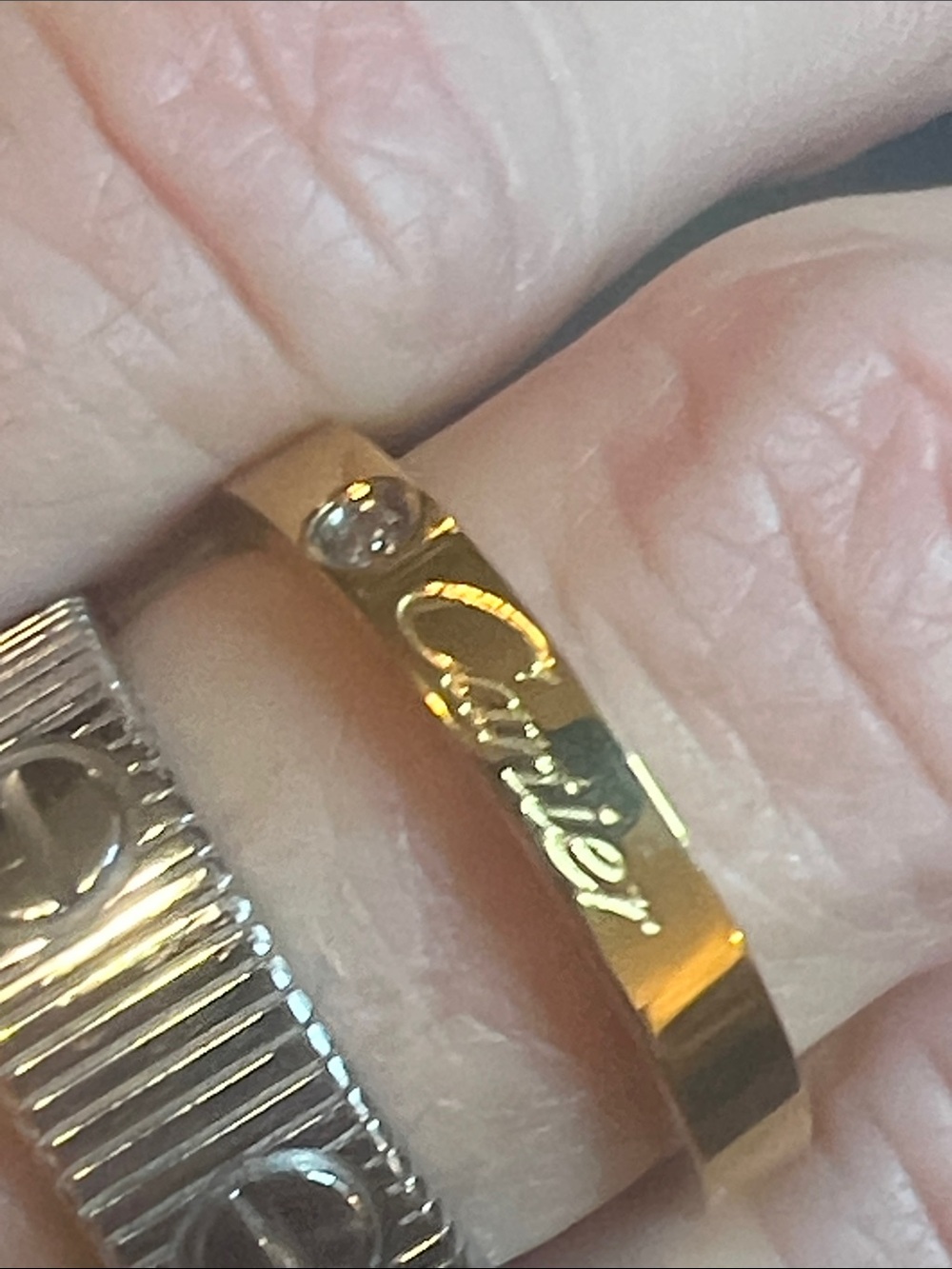 Gold-Stainless Steel Script Engraved Ring with Clear Accent - Women's Jewelry